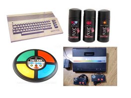 Algunos articulos de los años 80"s, la Commodore, el Atary, el Simon y el desodorante Axe