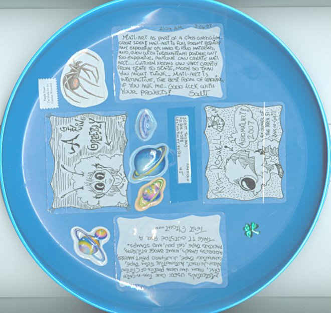 Inside of frisbee --"Mail-art as part of a class curriculum...great idea!..."