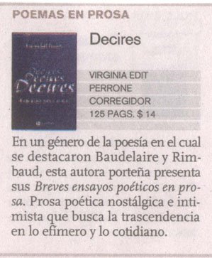 Breve comentario sobre "Decires..." publicado en Ñ, el Suplemento Cultural de Clarín.